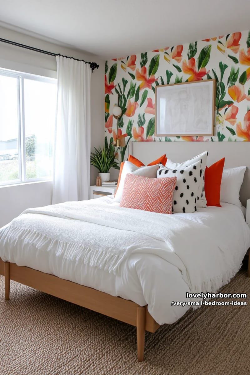 bold accent wall behind the bed using removable wallpaper 1