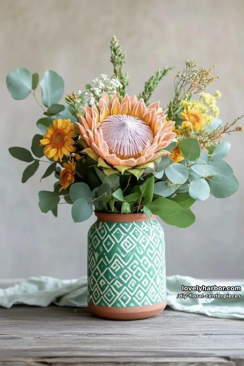bold sunflower and protea stems in a painted terra cotta pot 1