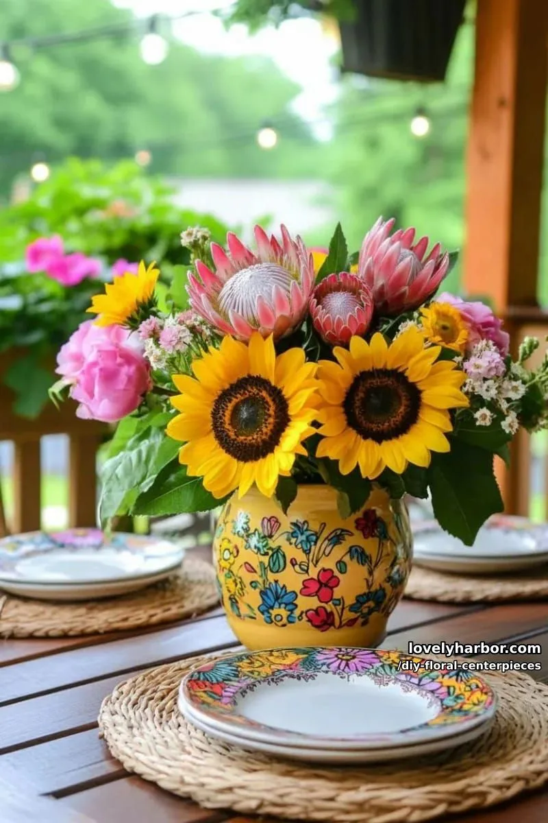 bold sunflower and protea stems in a painted terra cotta pot 1