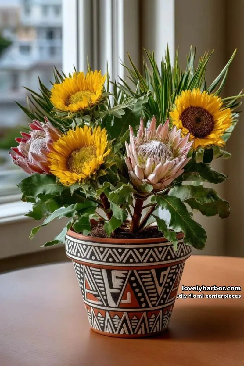 bold sunflower and protea stems in a painted terra cotta pot 1