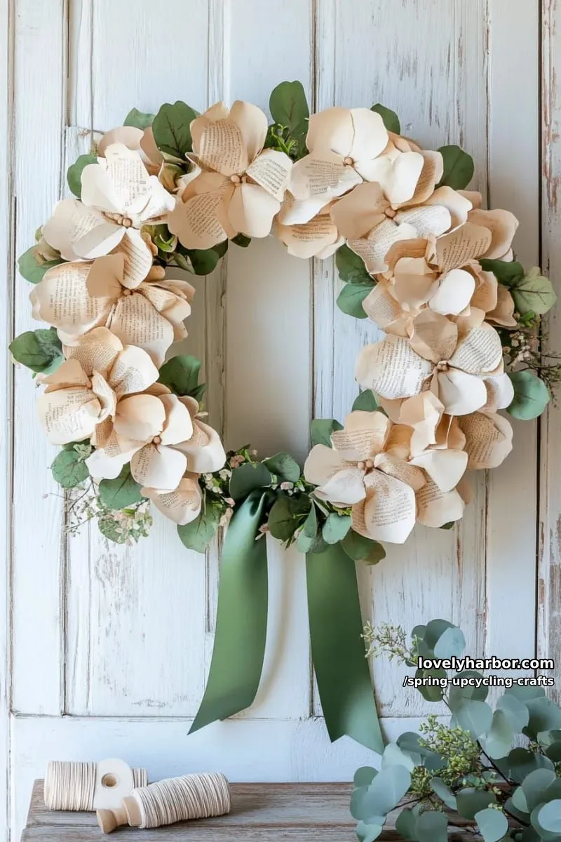 book page flower wreaths accented with green ribbon 1