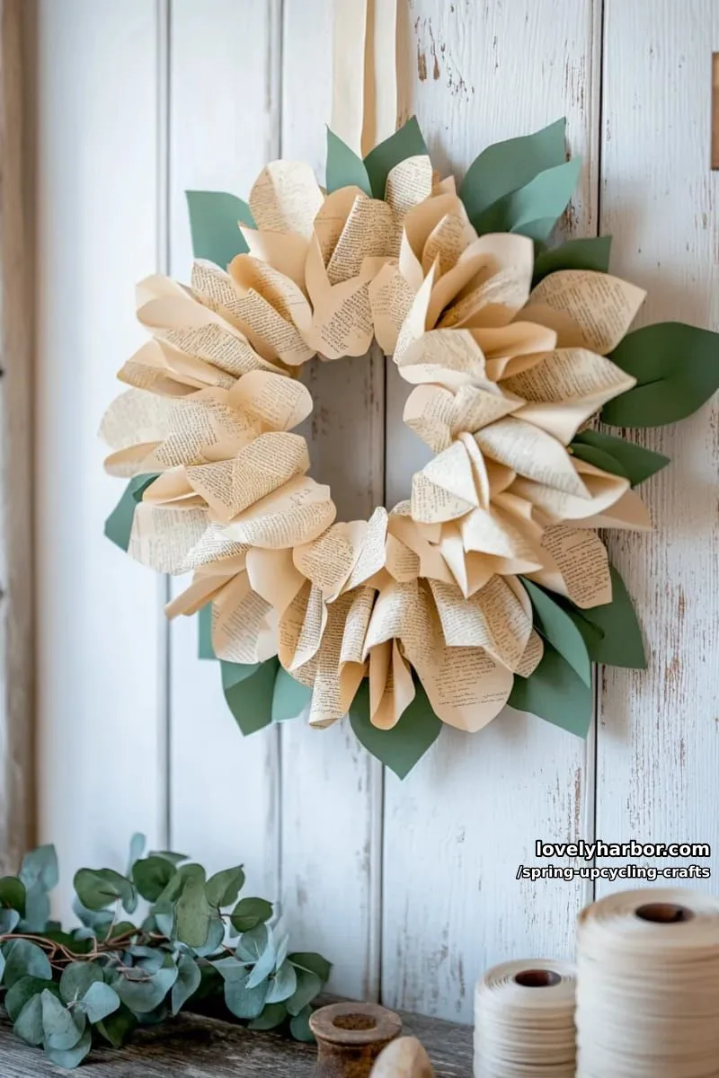 book page flower wreaths accented with green ribbon 1