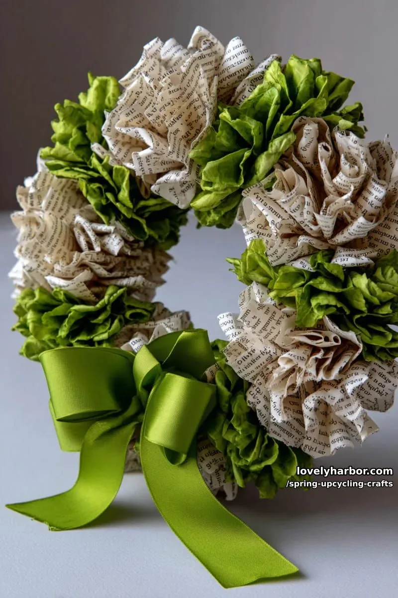book page flower wreaths accented with green ribbon 1