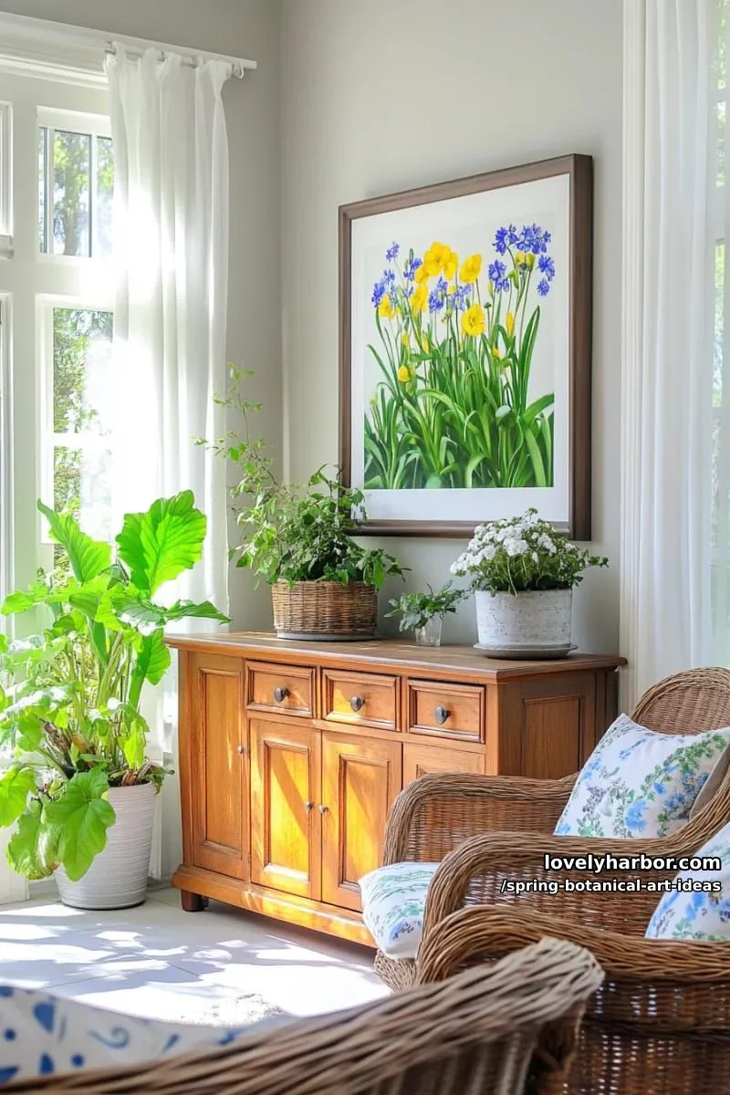 botanical art print featuring yellow poppies and blue forget-me-nots 1