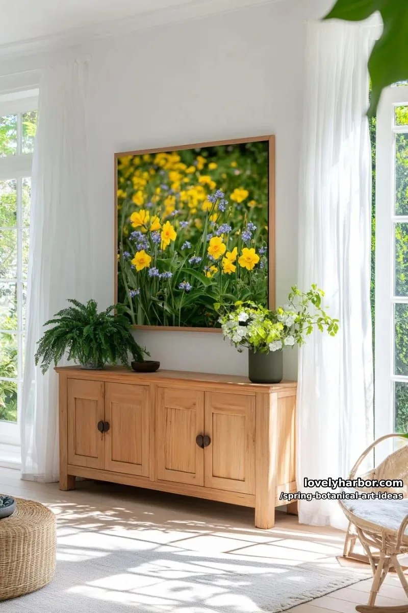 botanical art print featuring yellow poppies and blue forget-me-nots 1