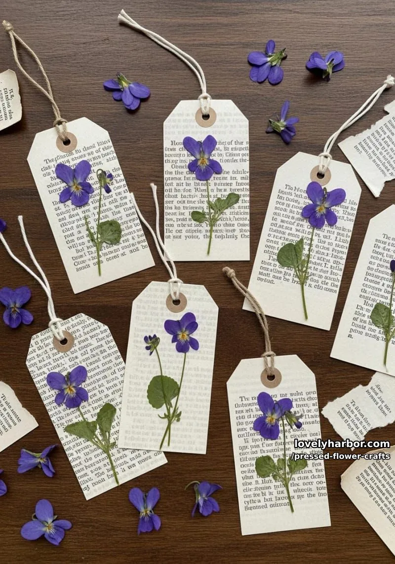 botanical gift tags featuring vintage book pages and dainty pressed violets 1