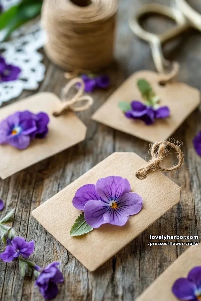 botanical gift tags featuring vintage book pages and dainty pressed violets 1