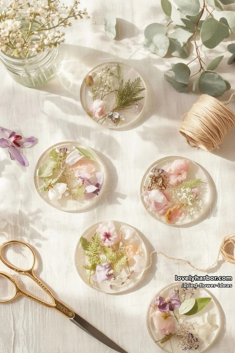 botanical resin coasters embedded with delicate dried petals and fern leaves 1