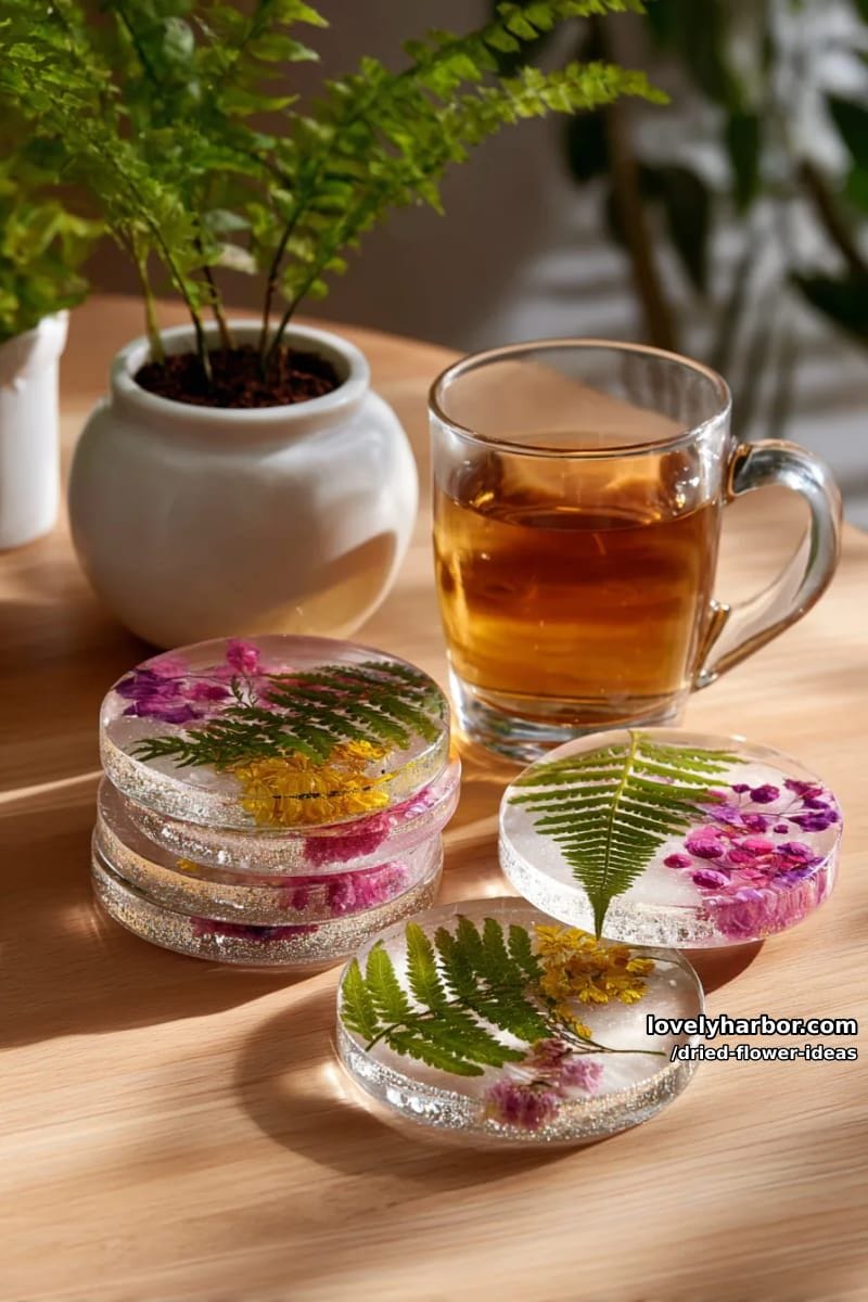 botanical resin coasters embedded with delicate dried petals and fern leaves 1