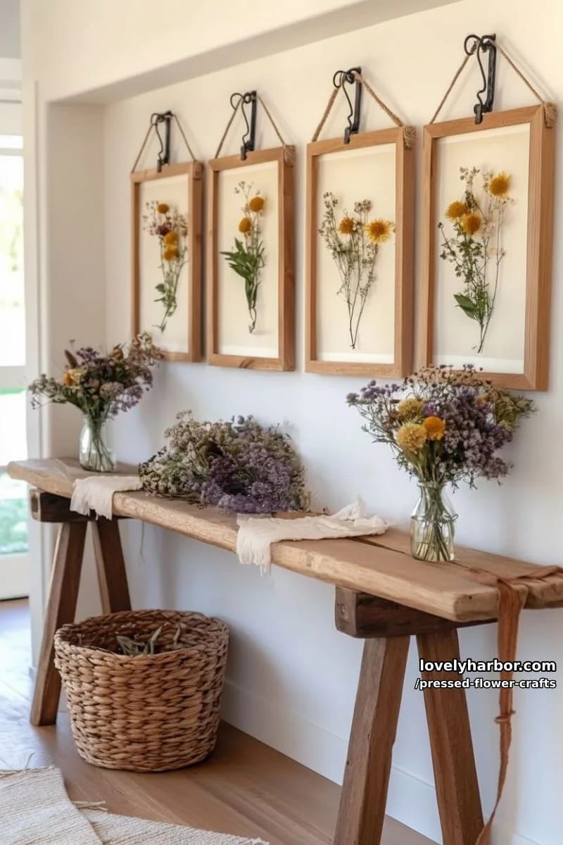 botanical wall art collage in vintage wooden frames with wildflower arrangements 1