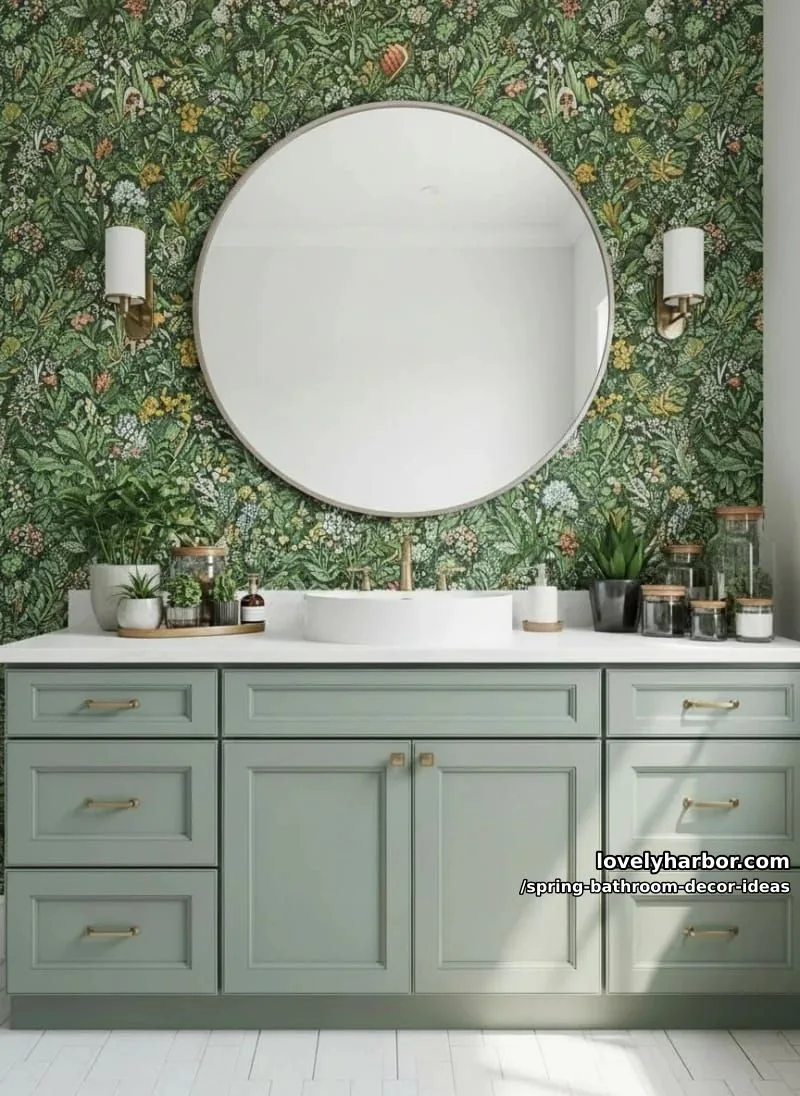 botanical wallpaper behind a round mirror and sage green vanity 1