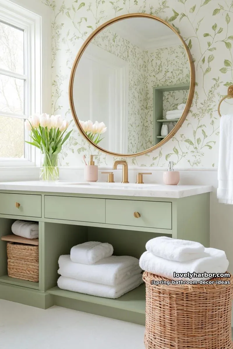 botanical wallpaper behind a round mirror and sage green vanity 1