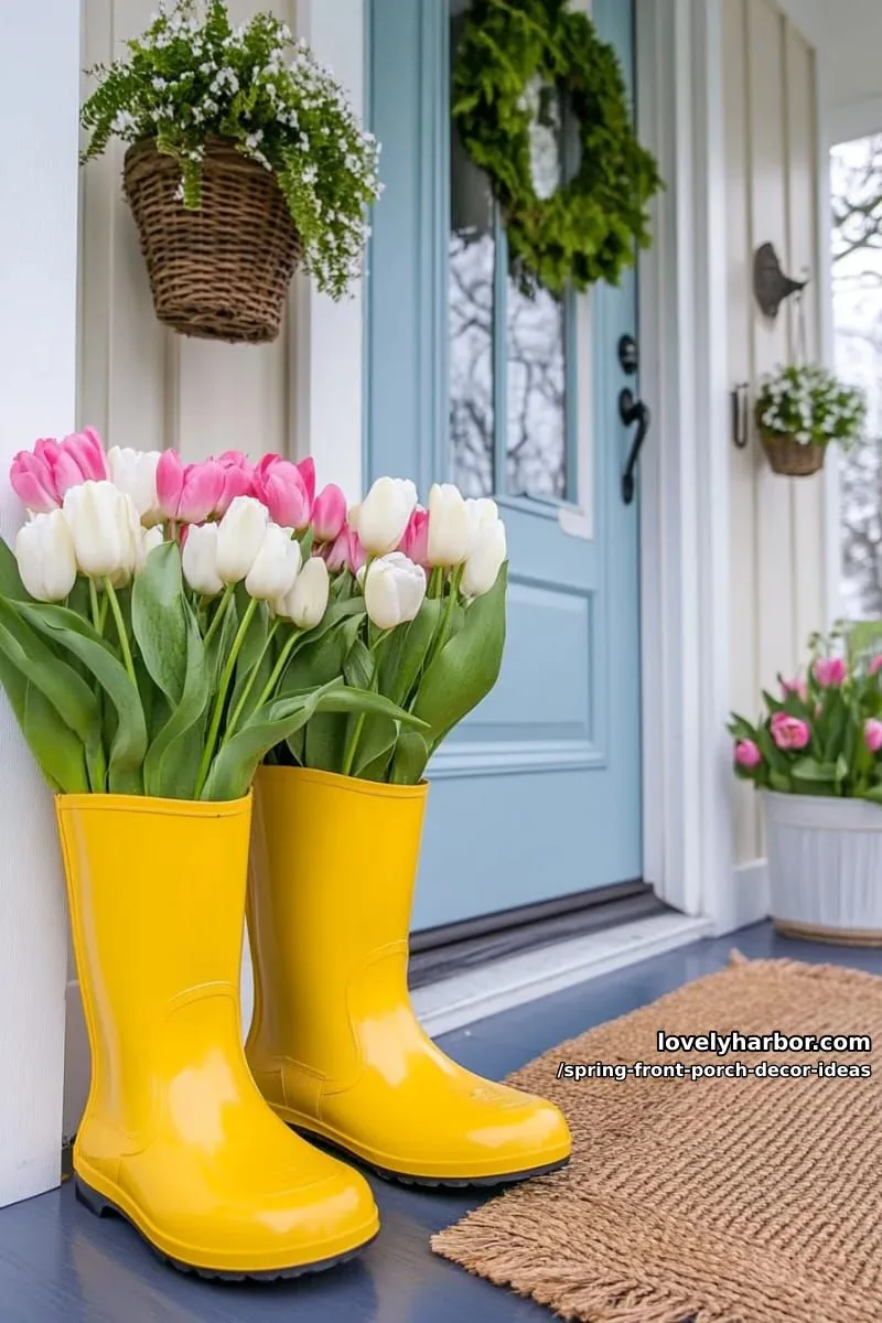 bright yellow rain boots lined up for playful seasonal entry decor 1