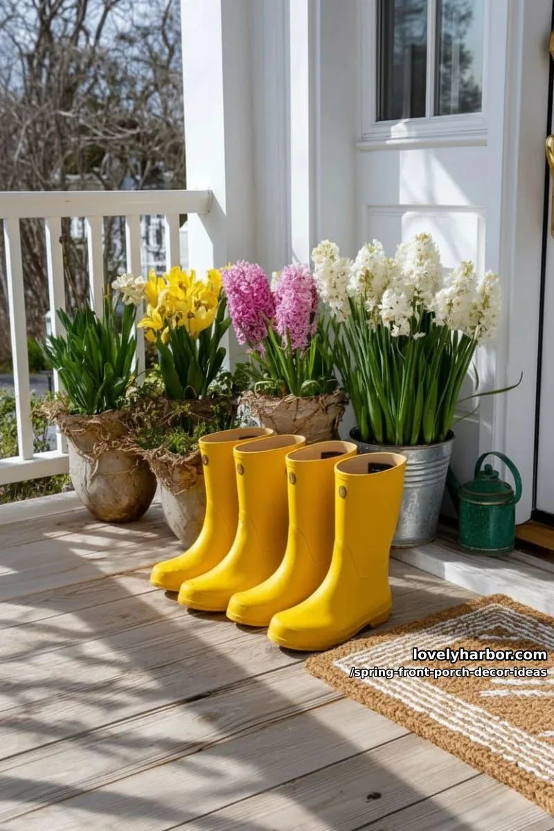bright yellow rain boots lined up for playful seasonal entry decor 1