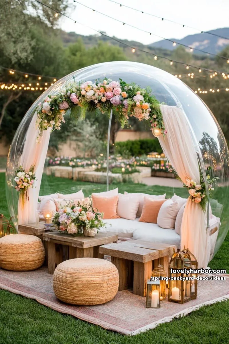 15 Spring Backyard Decor Ideas for Effortless Charm 26 bubble tent lounge filled with pastel cushions and floral garlands for dreamy evenings 1