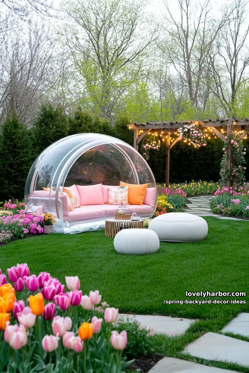 15 Spring Backyard Decor Ideas for Effortless Charm 27 bubble tent lounge filled with pastel cushions and floral garlands for dreamy evenings 1