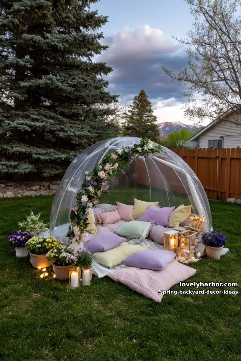 15 Spring Backyard Decor Ideas for Effortless Charm 28 bubble tent lounge filled with pastel cushions and floral garlands for dreamy evenings 1