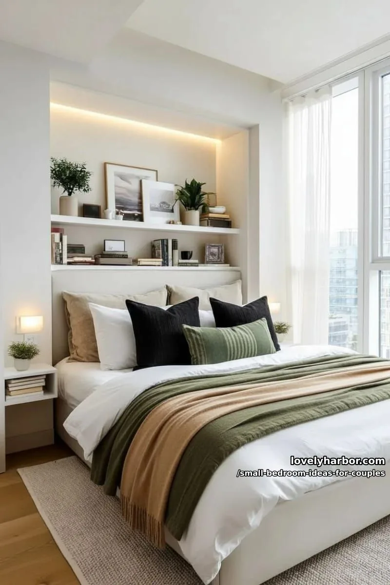 built-in headboard storage alcove with led strip lighting 1