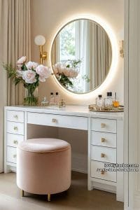 built-in vanity alcove surrounded by custom cabinetry and soft spotlights 38