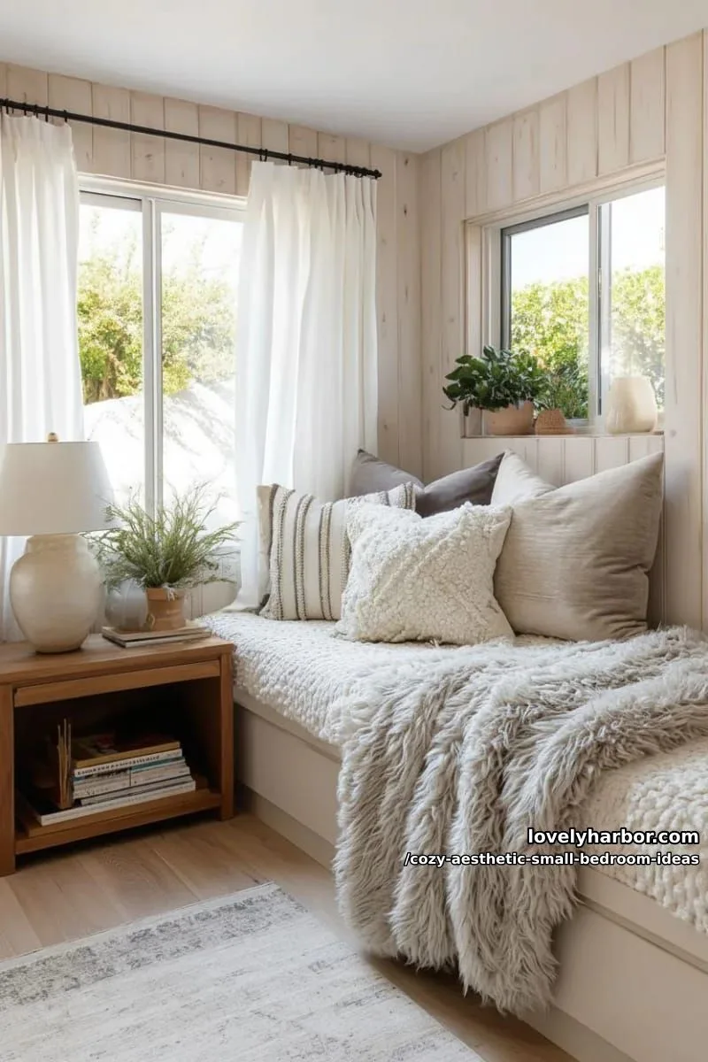 built-in window seat nook with velvet cushions and fuzzy blanket 1