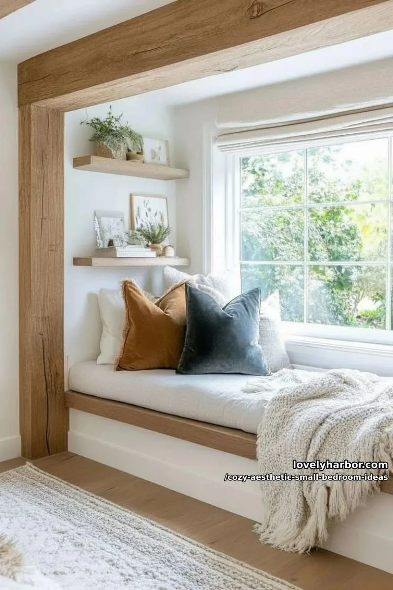 built-in window seat nook with velvet cushions and fuzzy blanket 1