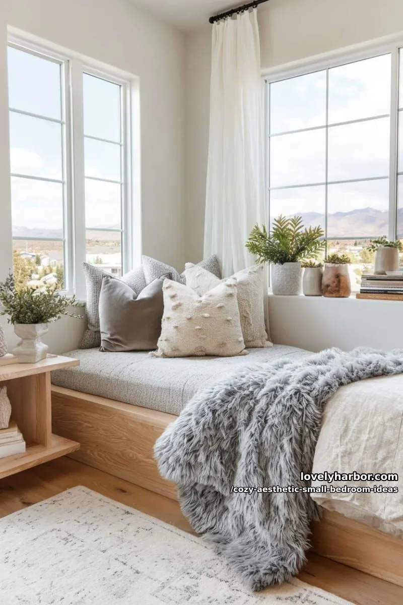 built-in window seat nook with velvet cushions and fuzzy blanket 1