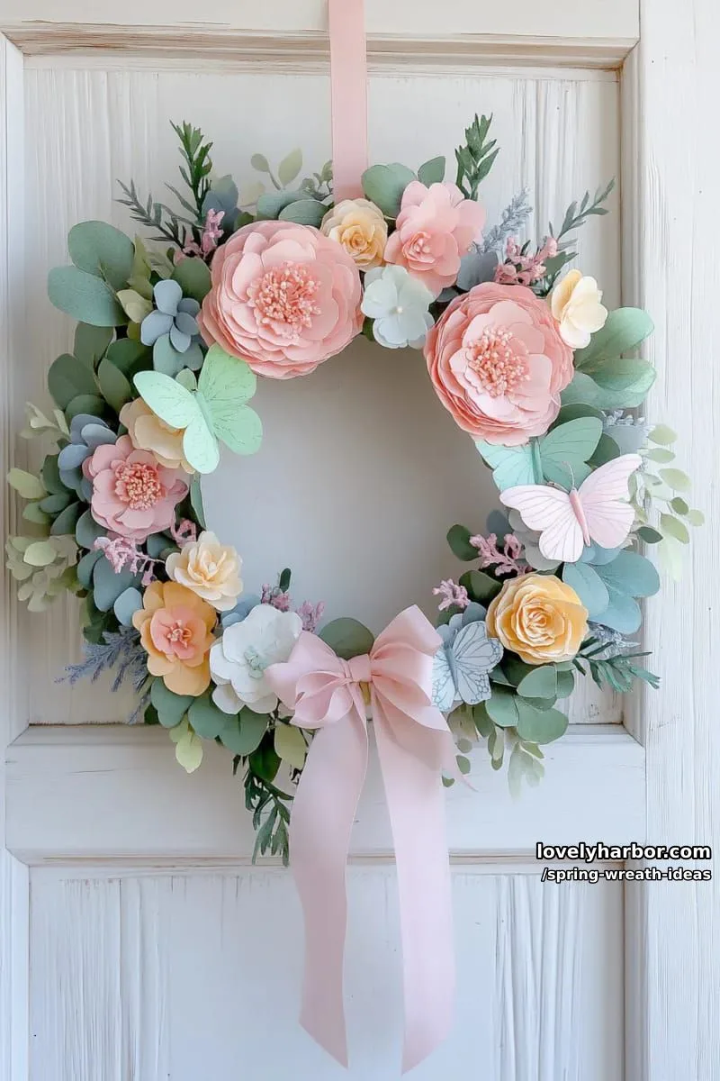 butterfly-adorned wreath with layered greenery and small pastel florals 22