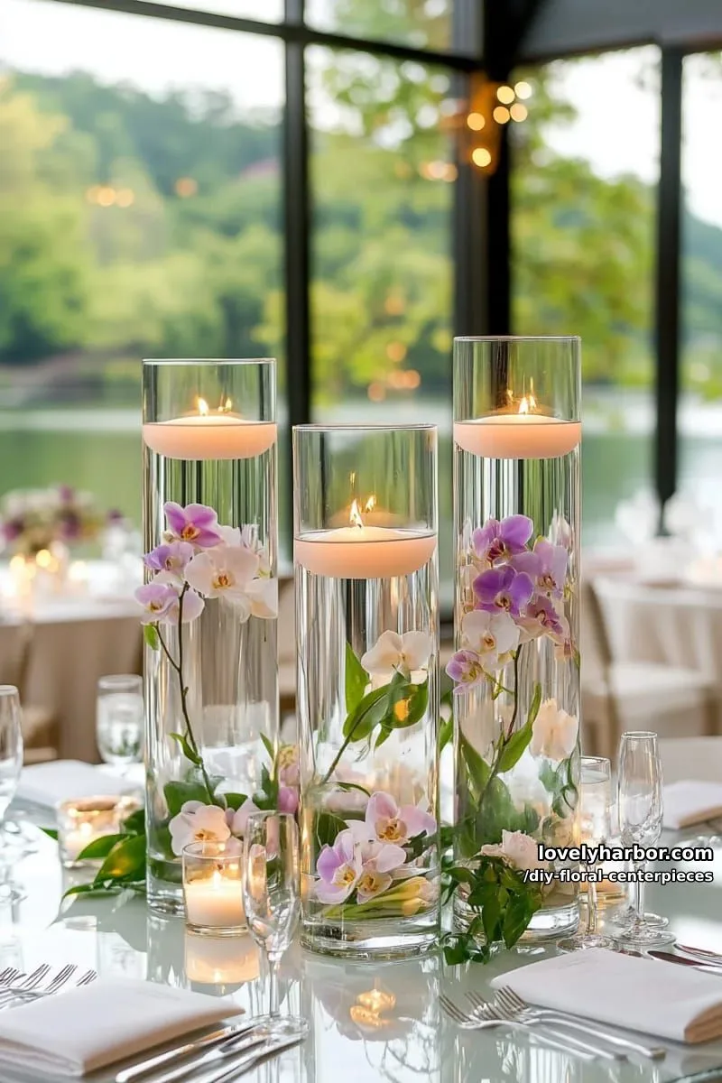 candle-lit floating orchids in cylindrical vases for a modern wedding 1