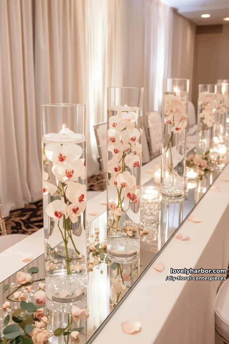 candle-lit floating orchids in cylindrical vases for a modern wedding 1