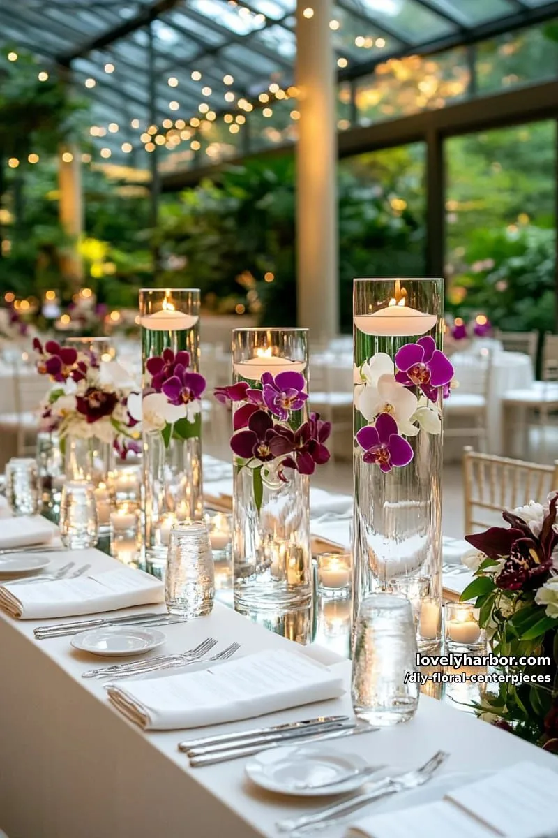 candle-lit floating orchids in cylindrical vases for a modern wedding 1