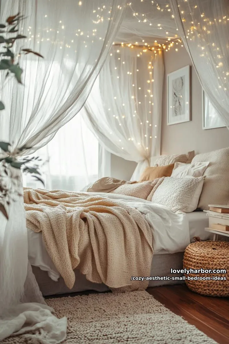 canopy bed frame with sheer curtains and twinkle lights entwined 1