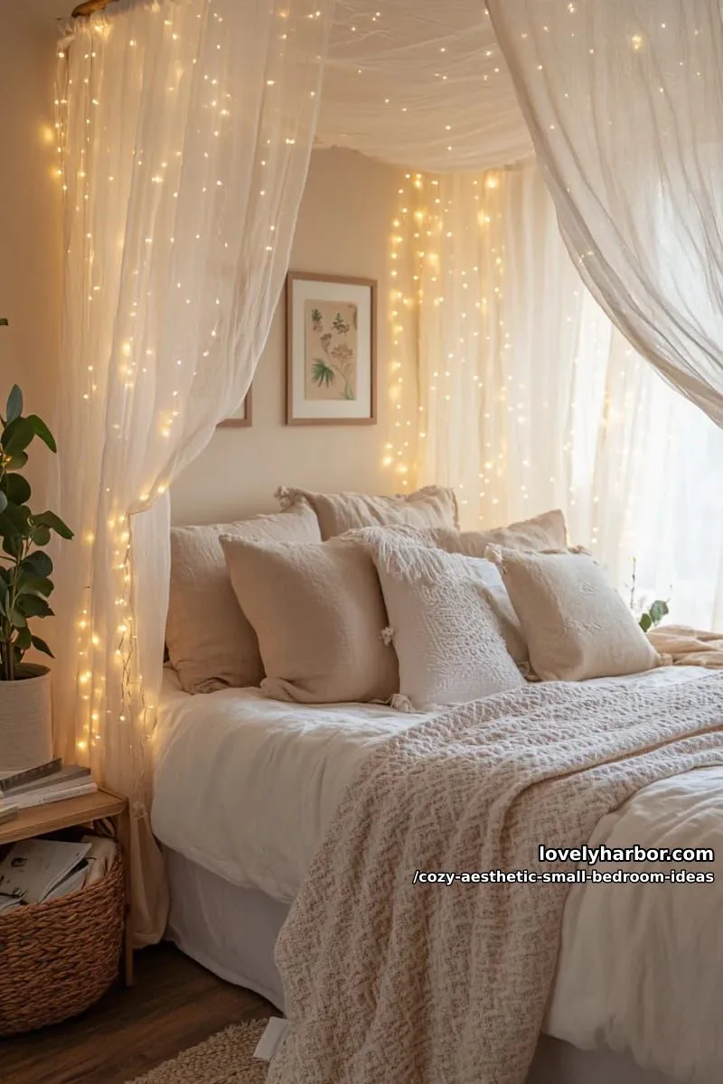 canopy bed frame with sheer curtains and twinkle lights entwined 1