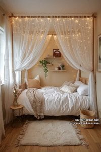 canopy bed with sheer curtains and string lights 30