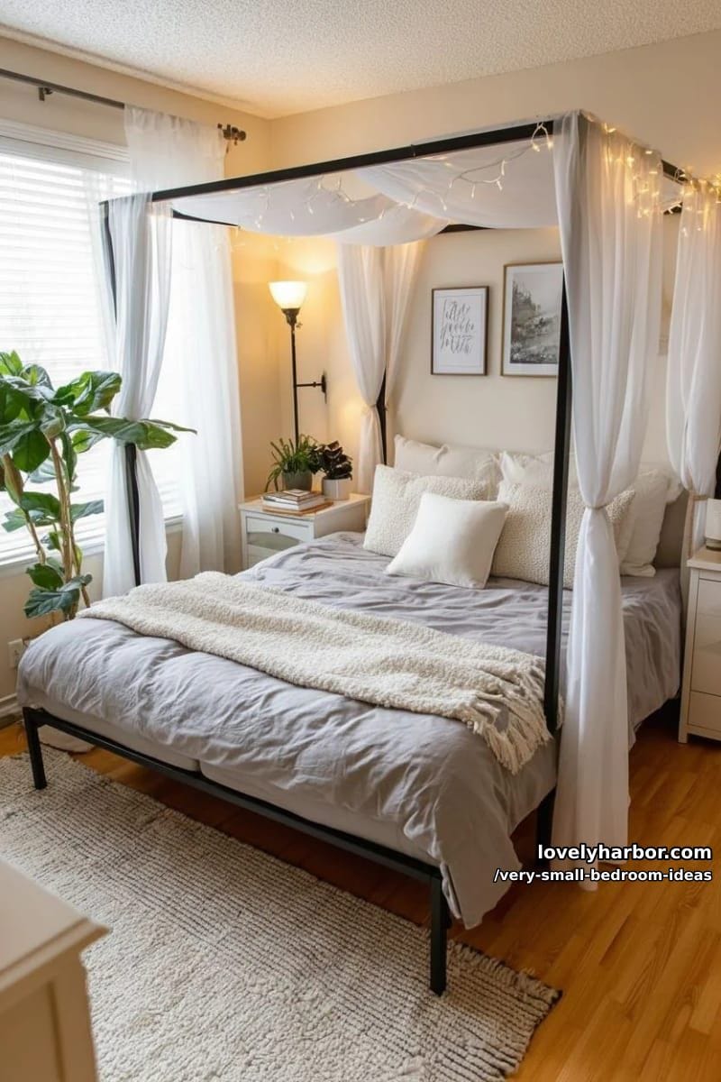 canopy bed with sheer curtains and string lights 1