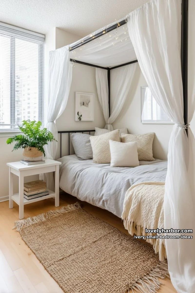 canopy bed with sheer curtains and string lights 1