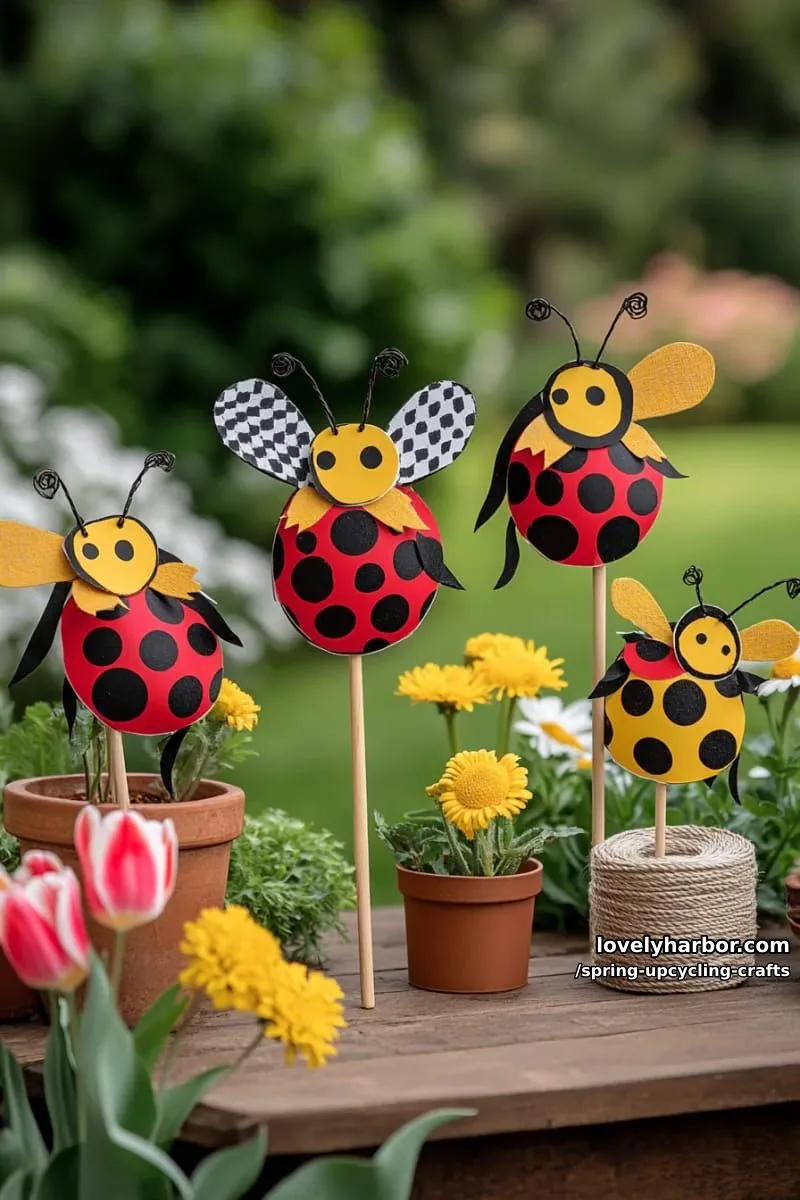 cardboard bee and ladybug garden stakes 1
