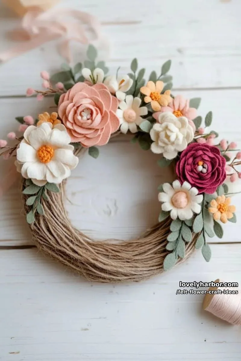 charming felt floral wreath combining peonies, daisies, and eucalyptus 1