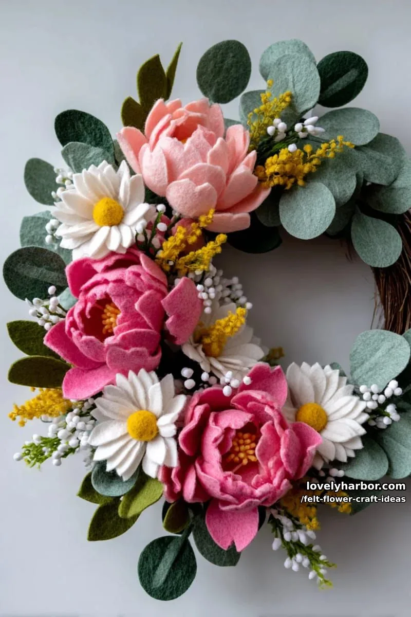 charming felt floral wreath combining peonies, daisies, and eucalyptus 1