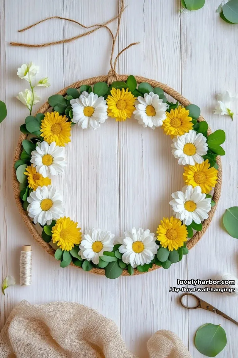 circular daisy chain wall hanging with lemon yellow and white florals 1