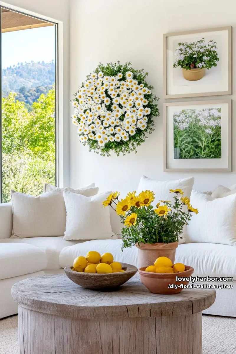 circular daisy chain wall hanging with lemon yellow and white florals 1