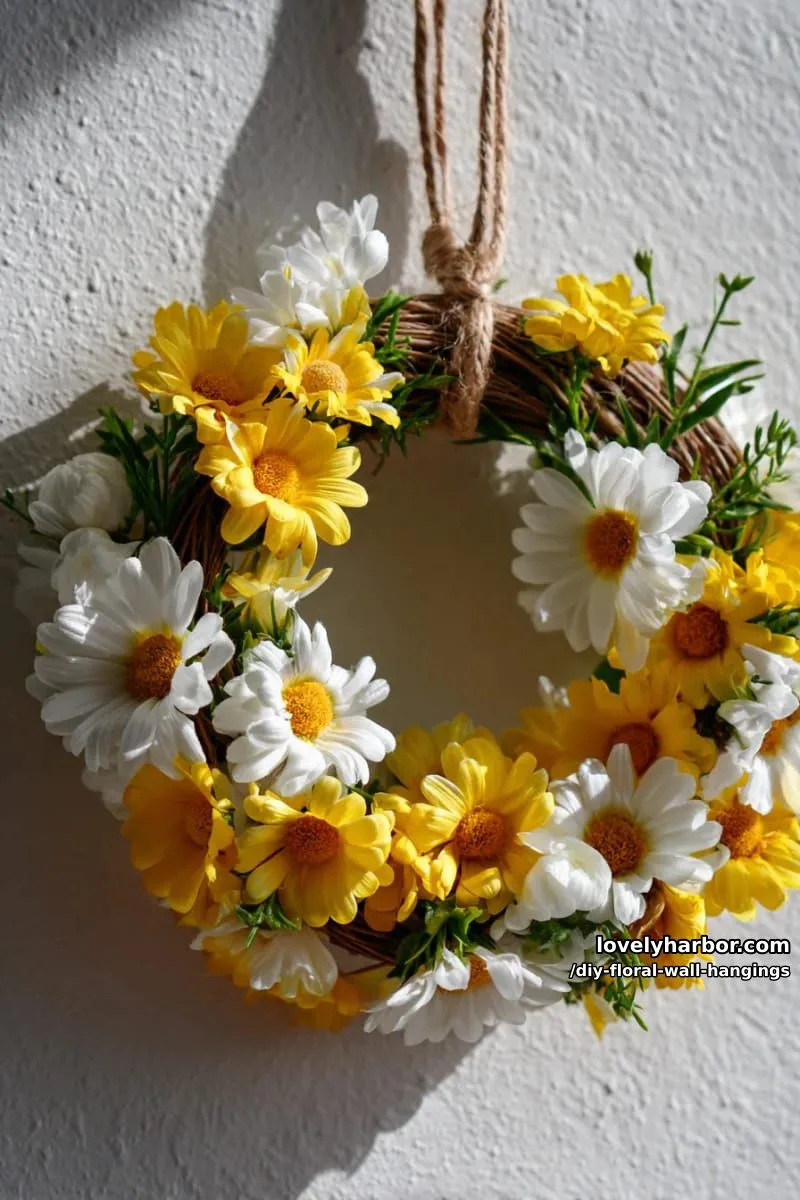 circular daisy chain wall hanging with lemon yellow and white florals 1