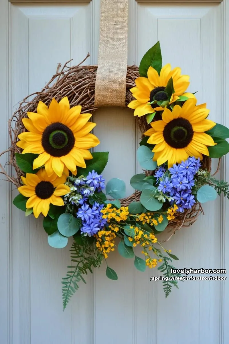 15 Unique Front Door Spring Wreaths for a Charming Entryway 4 circular wreath bursting with yellow sunflowers and trailing blue wildflowers 1