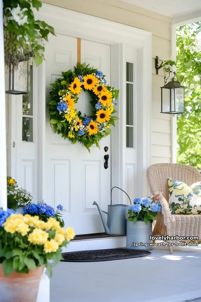 15 Unique Front Door Spring Wreaths for a Charming Entryway 5 circular wreath bursting with yellow sunflowers and trailing blue wildflowers 1