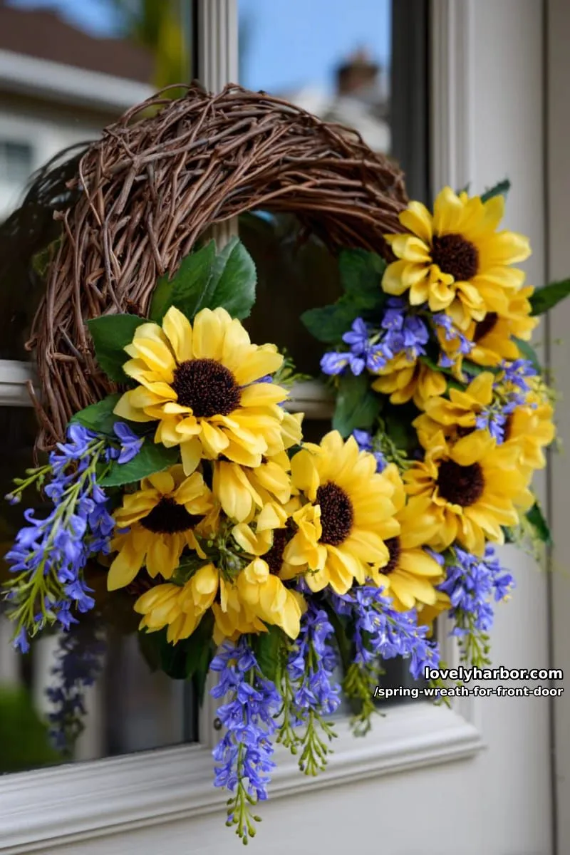 15 Unique Front Door Spring Wreaths for a Charming Entryway 6 circular wreath bursting with yellow sunflowers and trailing blue wildflowers 1