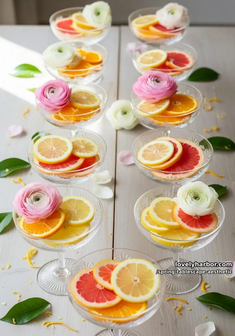 citrus slices and ranunculus arranged in vintage coupe glasses 1