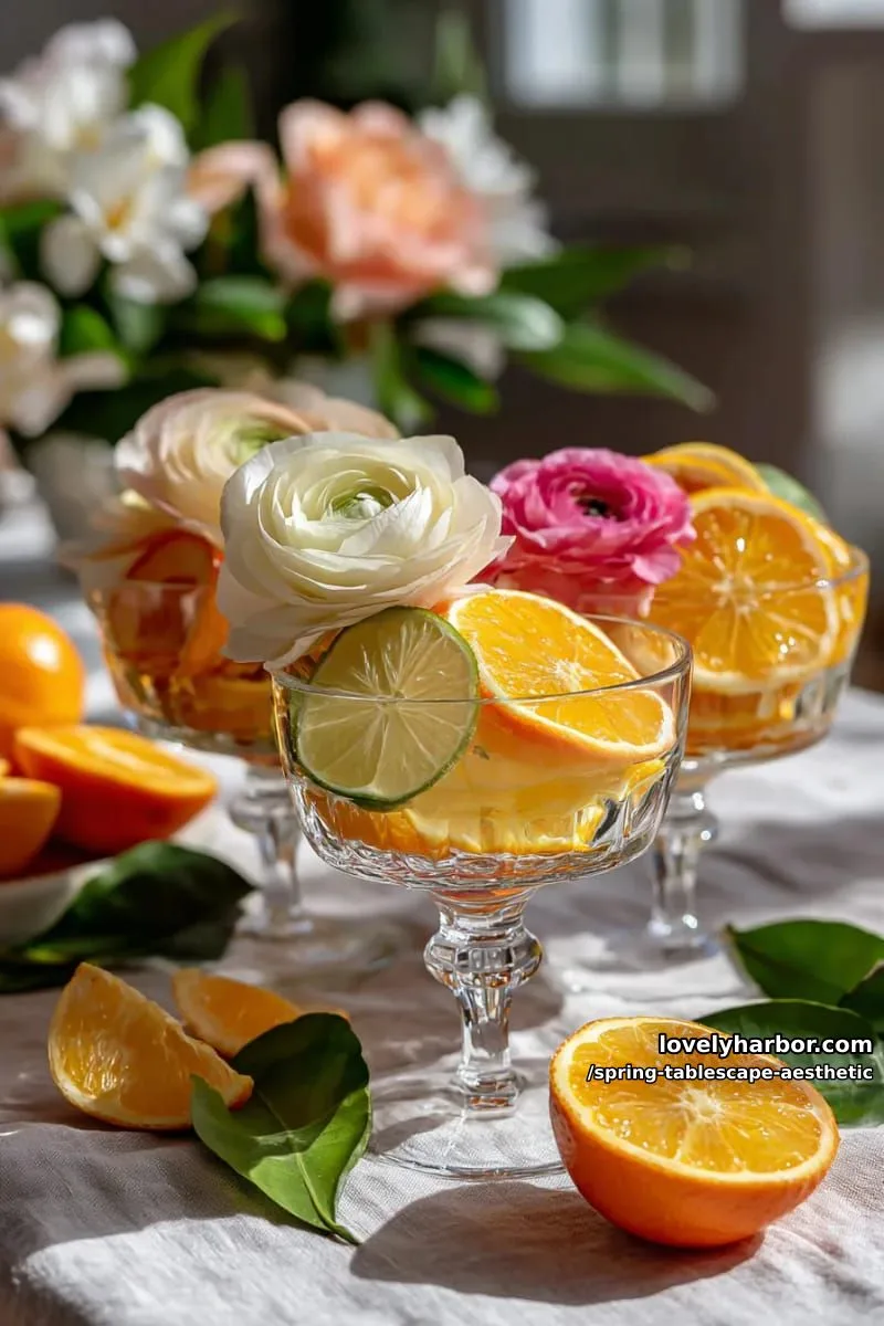 citrus slices and ranunculus arranged in vintage coupe glasses 1
