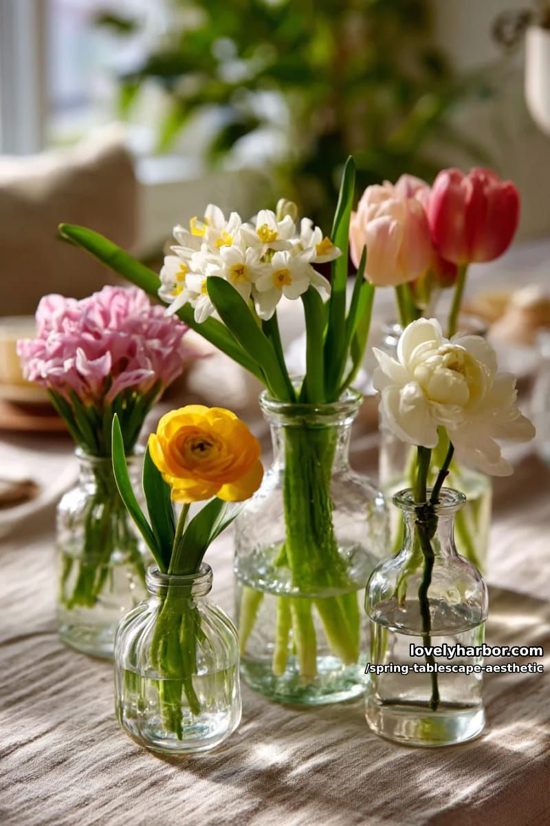 clear glass bottles filled with single blooms on a linen tablecloth 1