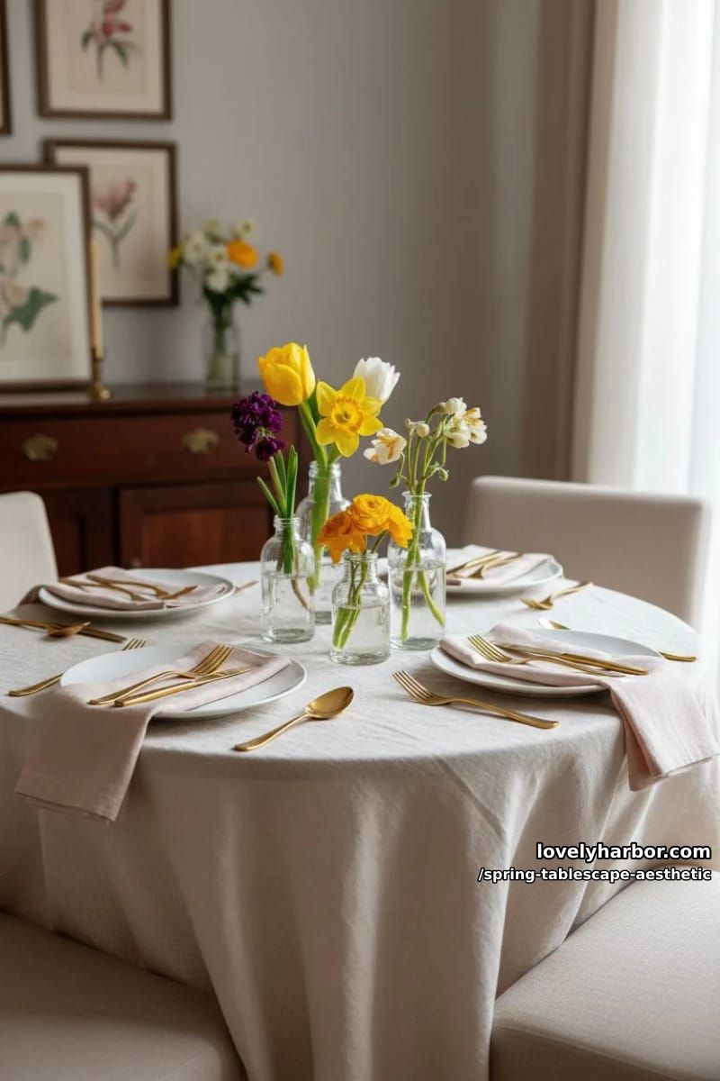 clear glass bottles filled with single blooms on a linen tablecloth 1