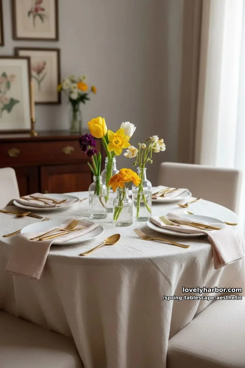 clear glass bottles filled with single blooms on a linen tablecloth 1