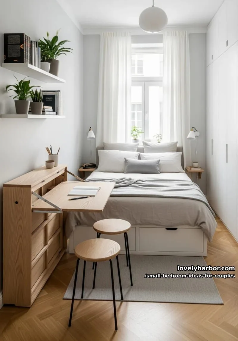 clever fold-down desk for shared workspace without compromising floor space 1